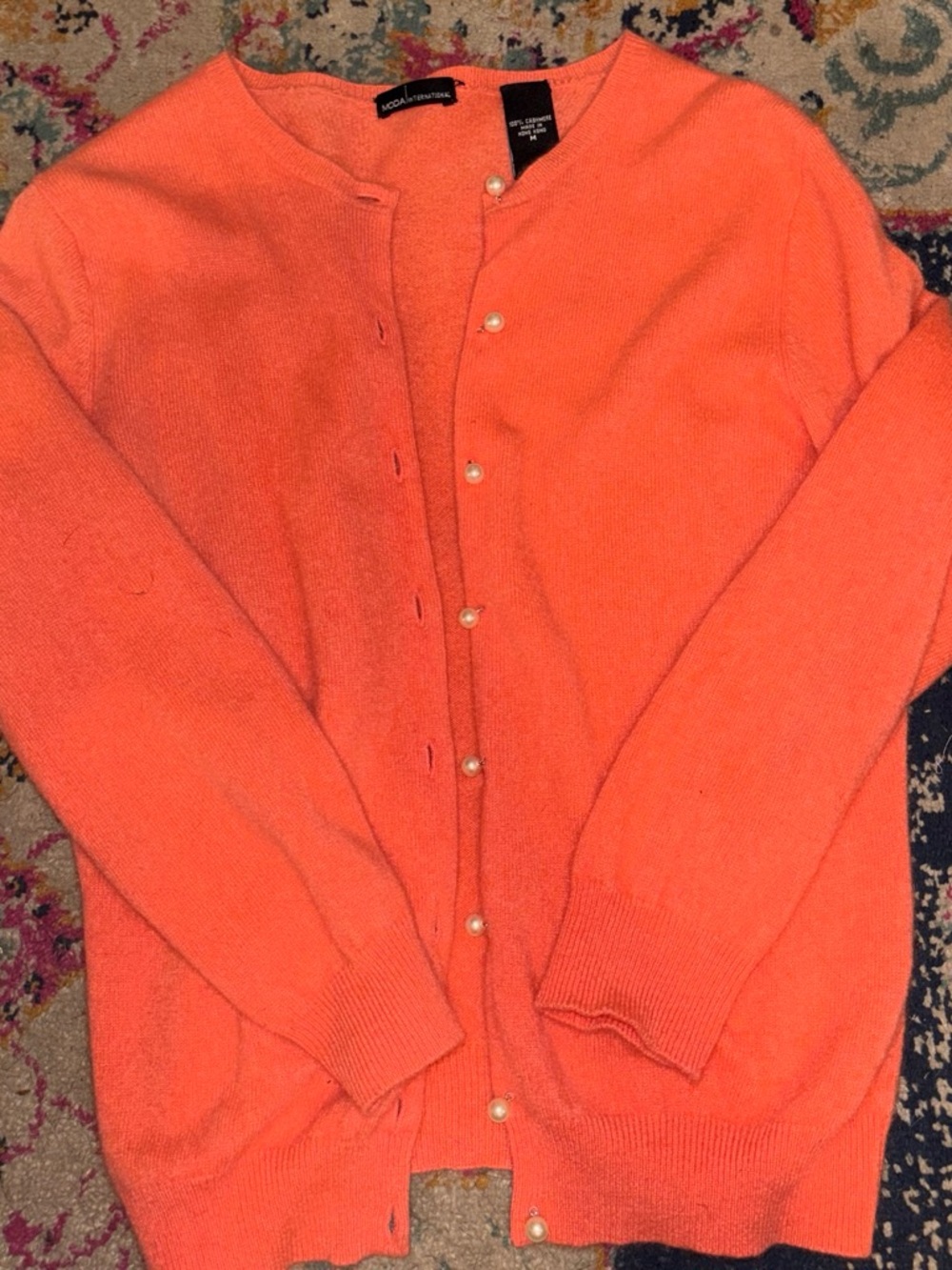 Moda International Coral Orange 100% Cashmere Crewneck Button Cardigan